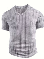 Men's Gray Vertical Rib V-Neck Short Sleeve T-Shirt, Slim Fit Stretch Textured Solid Color Commuter Casual Knit Base Layer Top - Granny Gray