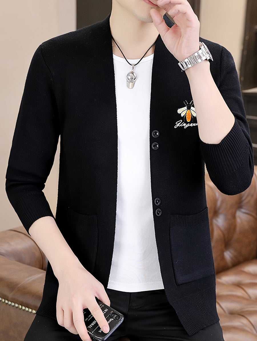 Embroidered Knitted Cardigan Men'S Spring And Autumn Trendy Brand Slim Fit Regular Sweater Cloak Coat Fashionable Versatile Knitted Shirt Trendy Handsome - Black