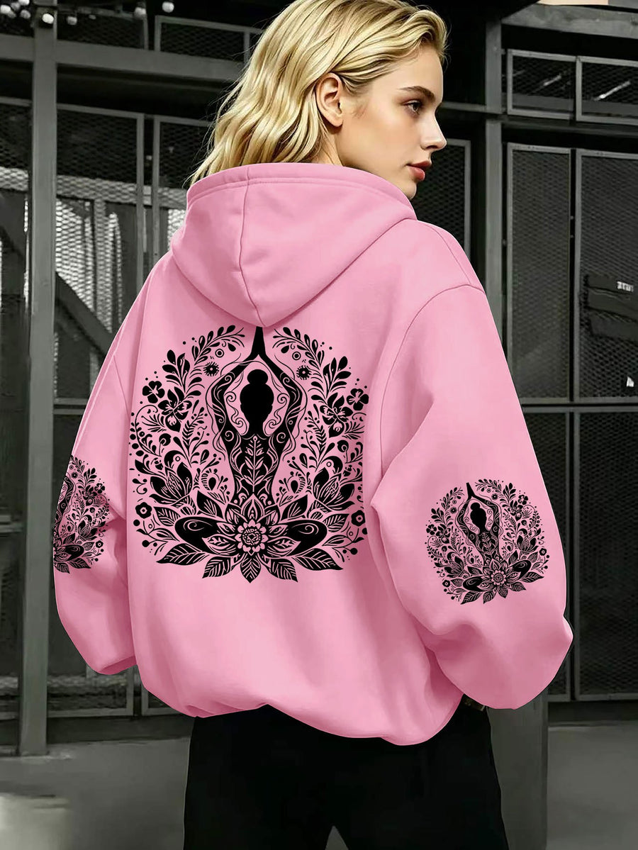 [Printed Design-Not Textured] Barcode Women'S Back Three Prints Hooded Sweatshirt Lotus Zen Printed Hoodie - Soft Casual Long Sleeve with Pockets, Comfortable for Women'S Daily Wear And Home, Streetwear - Mixed Color 1