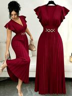 Spring And Summer New Elegant Ladies Slim V-Neck Dress with Pleated Craftsmanship, Large Skirt, Ruffled Lotus Leaf Sleeves, Valentine'S Day Party Gathering Elegant Dress, Commuting Fashion Skirt - Red