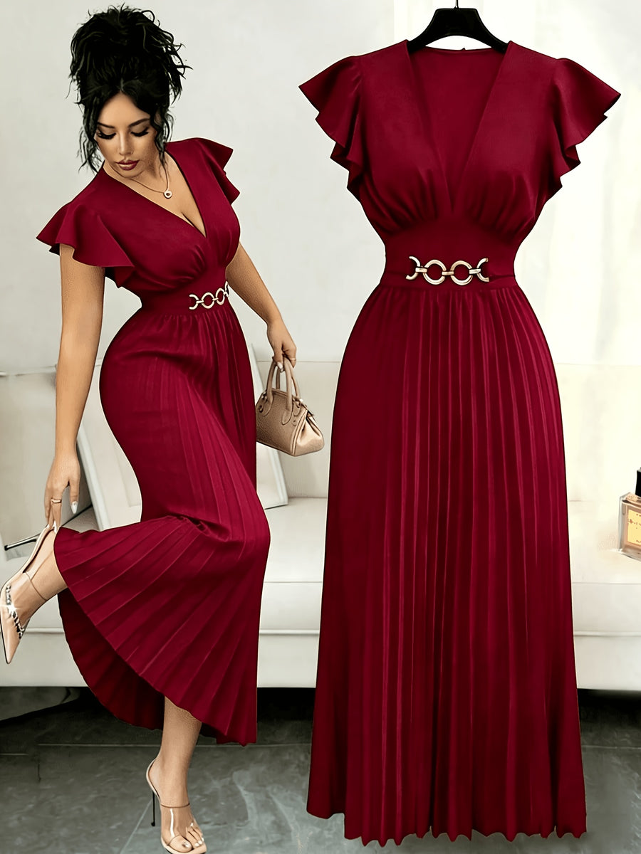 Spring And Summer New Elegant Ladies Slim V-Neck Dress with Pleated Craftsmanship, Large Skirt, Ruffled Lotus Leaf Sleeves, Valentine'S Day Party Gathering Elegant Dress, Commuting Fashion Skirt - Red