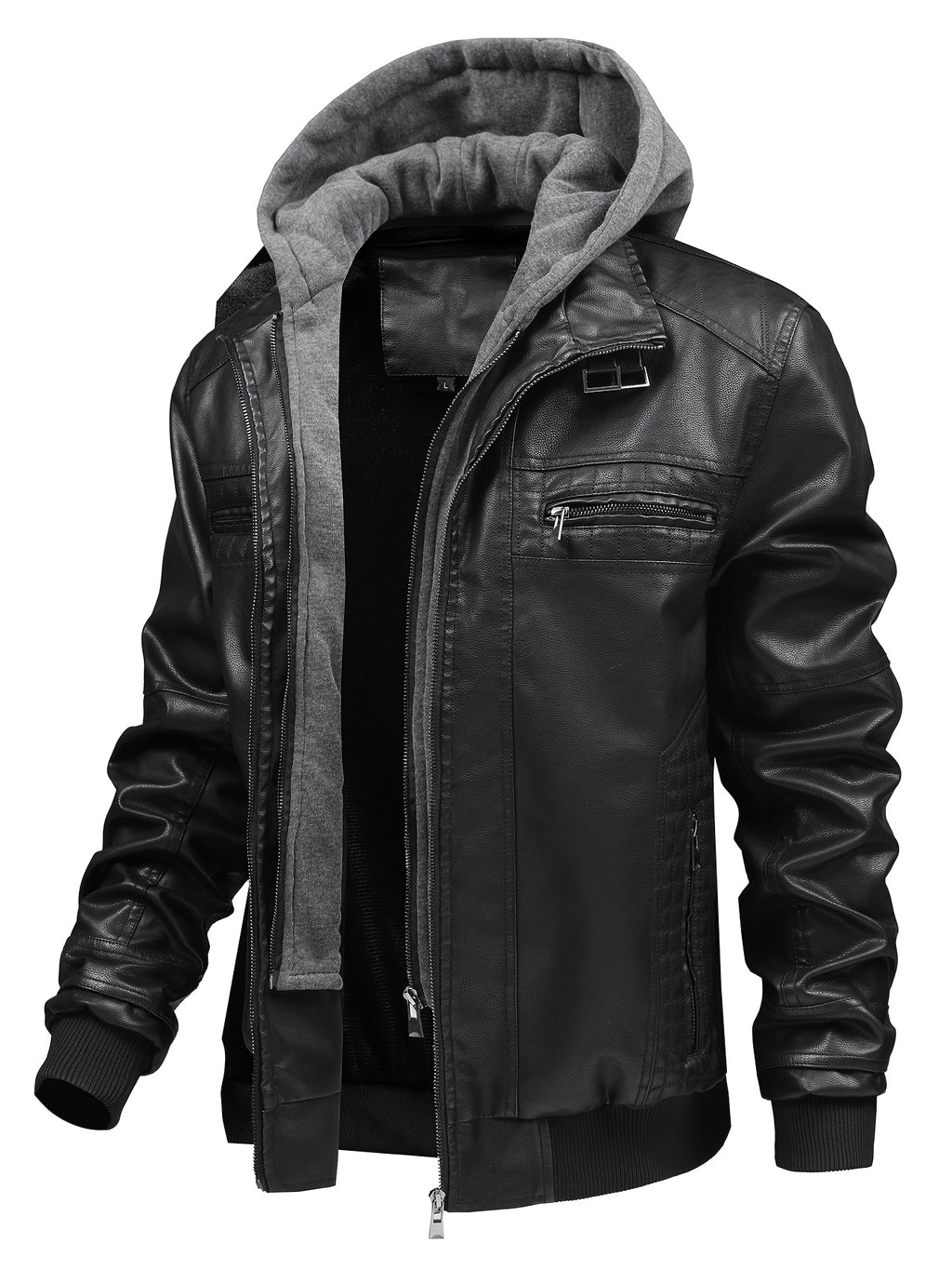 2026 New Fall Winter Men'S Faux Leather Hooded Jacket, Motorcycle Faux Leather Coat, Slim Fit Warm Outerwear with Multiple Zipper Pockets, Versatile Top for Daily Travel, Casual, Work Commute & Outdoor Activities - Black