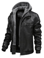 2026 New Fall Winter Men'S Faux Leather Hooded Jacket, Motorcycle Faux Leather Coat, Slim Fit Warm Outerwear with Multiple Zipper Pockets, Versatile Top for Daily Travel, Casual, Work Commute & Outdoor Activities - Black