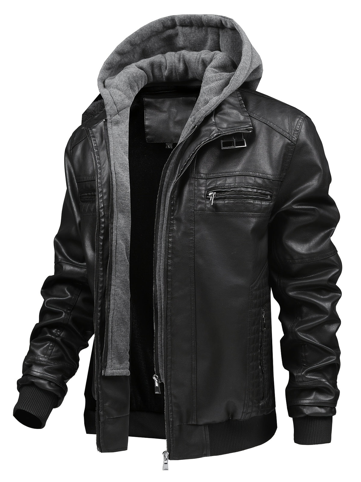 2026 New Fall Winter Men'S Faux Leather Hooded Jacket, Motorcycle Faux Leather Coat, Slim Fit Warm Outerwear with Multiple Zipper Pockets, Versatile Top for Daily Travel, Casual, Work Commute & Outdoor Activities - Black