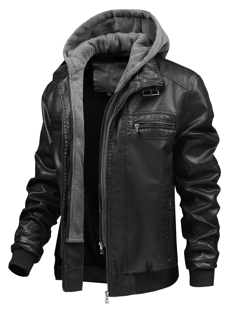2026 New Fall Winter Men'S Faux Leather Hooded Jacket, Motorcycle Faux Leather Coat, Slim Fit Warm Outerwear with Multiple Zipper Pockets, Versatile Top for Daily Travel, Casual, Work Commute & Outdoor Activities - Black