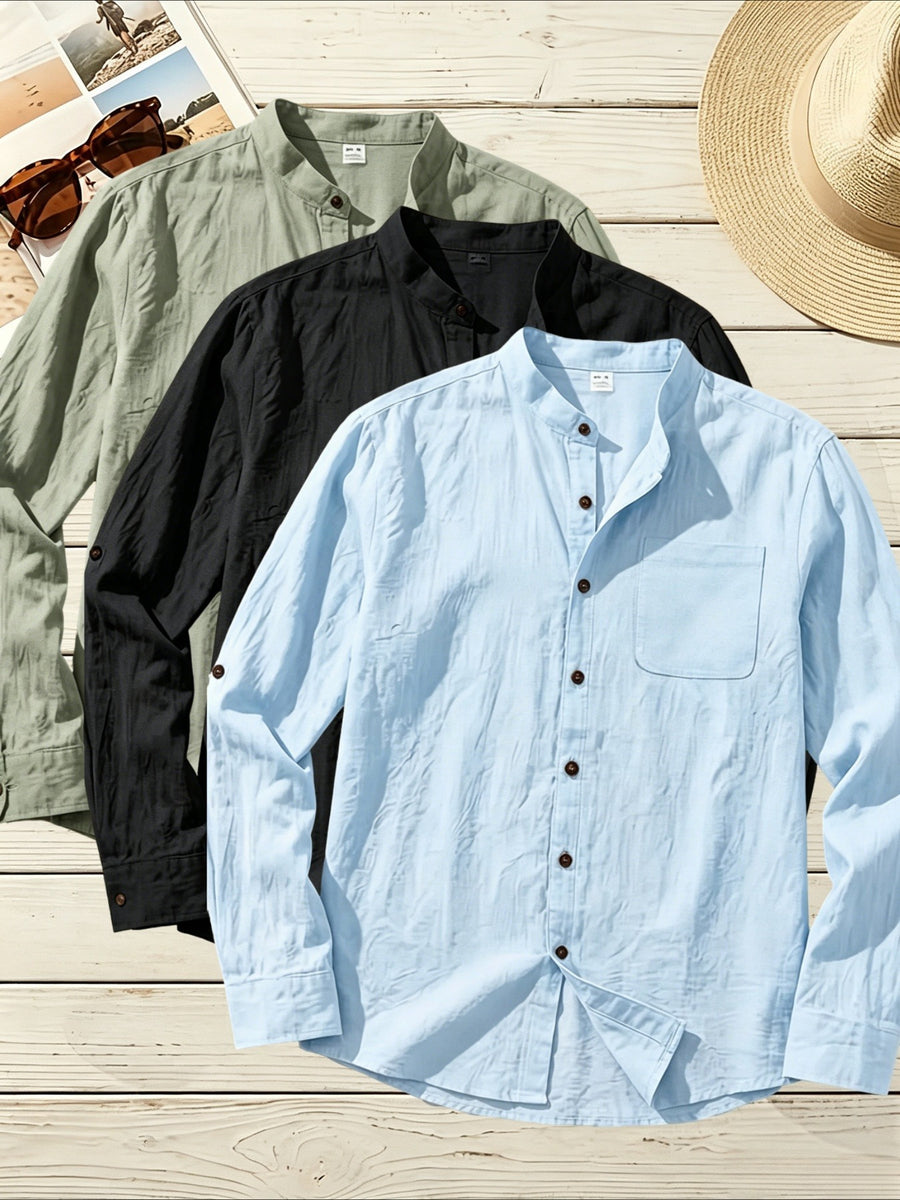 3pcs Men's Stand Collar Long Sleeve Linen Shirt for Travel, Vacation, Shopping, and Work Wear, Lightweight, Breathable, and Anti-Stuffy, Casual Relaxed Style, Spring/Summer Loose Straight Fit, Roll-Up Sleeve Design with Chest Pocket, Multiple Colors - Black+Blue+Green