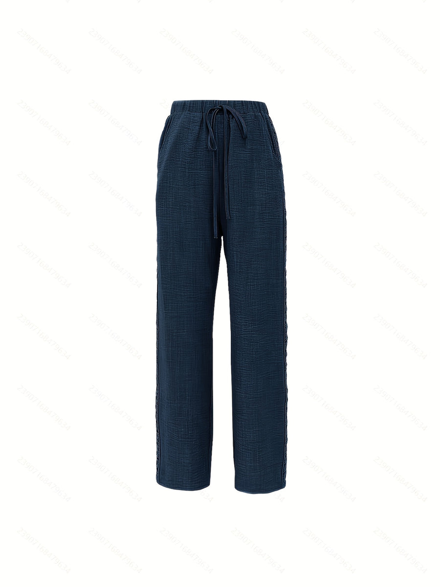 Spring-Summer Solid Color Fashion Casual Side Seam Lace Pants - Navy Color