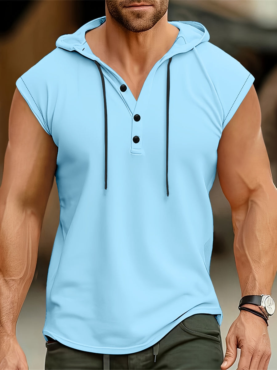 Men's Sleeveless Hooded Henley Shirt - Lightweight, Breathable Polyester | Summer Casual & Sporty Top with Button Detail | Machine Washable - Light Blue