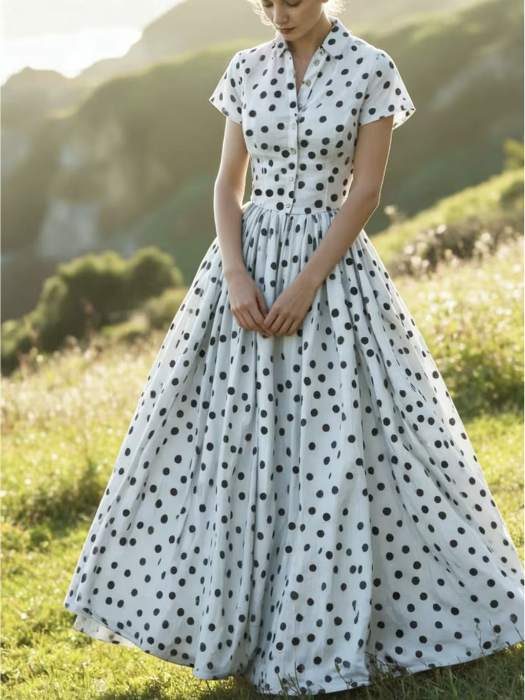 QD251210016 Polka Dot Waist-Cinching Dress, Short Sleeve Maxi Dress, Elegant Temperament Dress for Evening Dates - Off-white