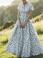 QD251210016 Polka Dot Waist-Cinching Dress, Short Sleeve Maxi Dress, Elegant Temperament Dress for Evening Dates - Off-white