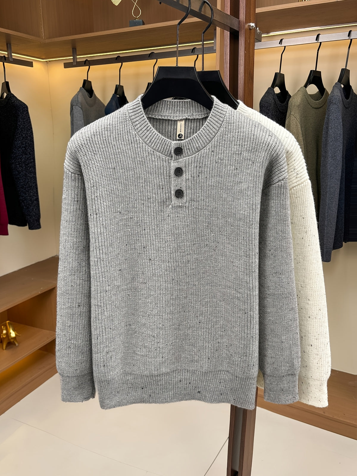 Du Jing Lan OBM Spring/Autumn New Arrival Men's Knit Pullover, Old Money Style Contrast Color Half-Open Placket Crew Neck Long Sleeve Knit Pullover, Men's Business Casual Fashion Ribbed Sweater, Suitable for Layering or Wearing as an Inner Layer - Grey