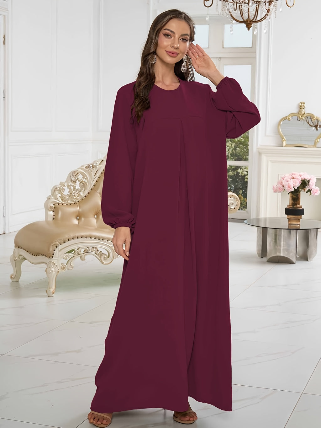 1pc Stylish Holiday Attire, Featuring a Relaxed Fit And Versatile Solid Color, Perfect for Everyday Use. This Comfortable And Casual Women'S Abaya Dress Is Ideal for Muslim Women, Offering Long Dresses And Elegant Robes for Ladies - Burgundy