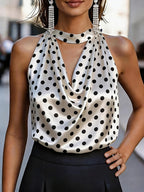 Women' Sleeveless -Neck Satin Shirt - Mandarin Collar Top with Tie Closure, Machine Washable Summer Office Vest Suitable for Work, Casual Wear & Layering, Non-Stretch Round Shirt - White