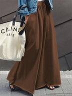Casual Solid Drawstring Waist Wide Leg Pants - Dark Brown