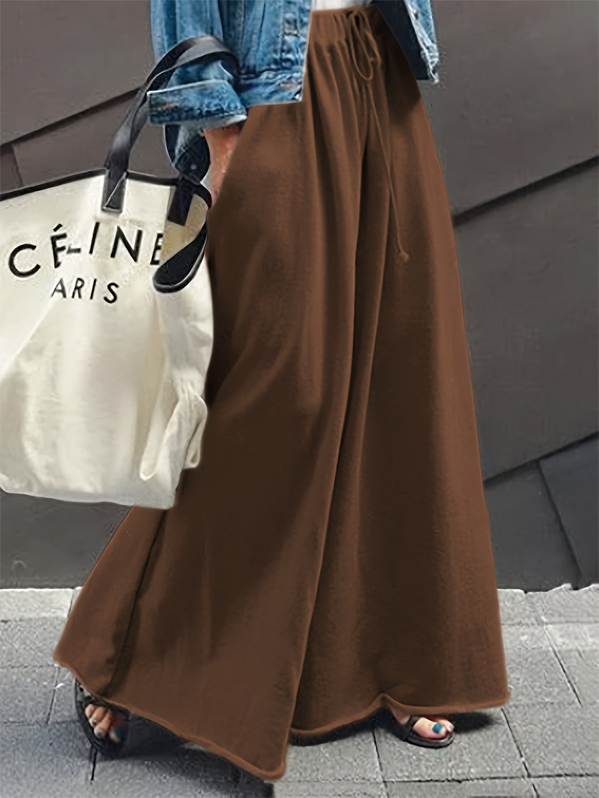 Casual Solid Drawstring Waist Wide Leg Pants - Dark Brown