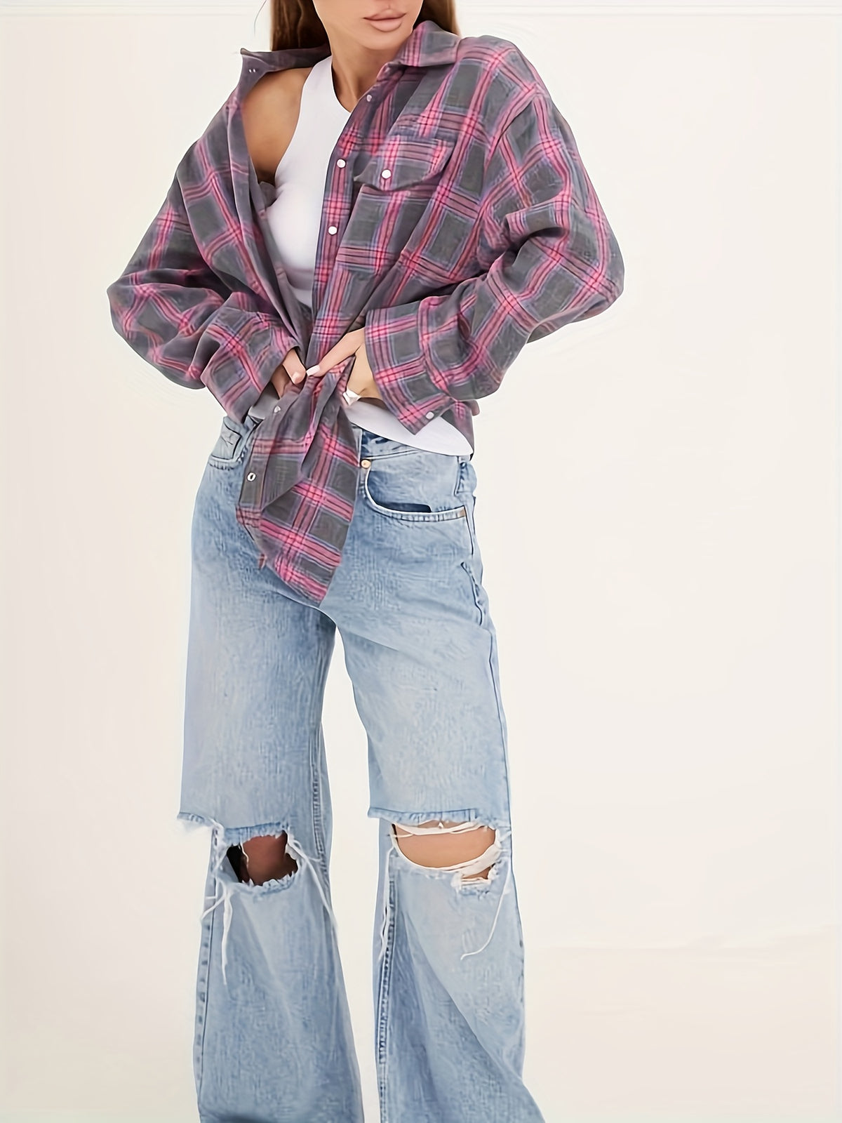 Single-piece Plaid Women's Shirt, Casual and Versatile with a Turn- Collar, Long-sleeved Plaid Shirt with Pockets, Perfect for Commuting and Vacation - Pink