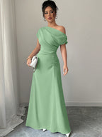 Off-Shoulder And Ruched Waist Elegant Off-Shoulder Fashion Date Commute Evening Dress Ultra-Long Bridesmaid Gown - Green