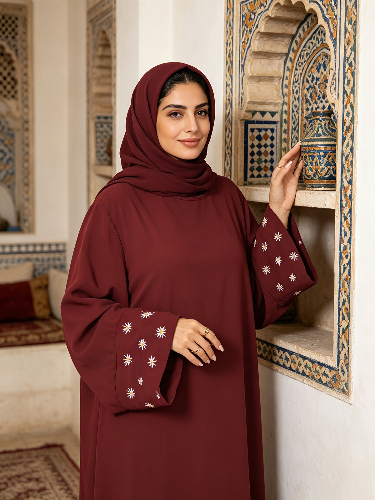 1pc (Scarf Not Included) This Fashionable, Elegant And Casual Abaya Dress with Embroidered Small Chrysanthemums at The Cuffs, No Scarf, Solid Color, Suitable for Daily Wear, Loose And Comfortable for Women. Islamic Clothing for Women Kleider Damen - Chocolate