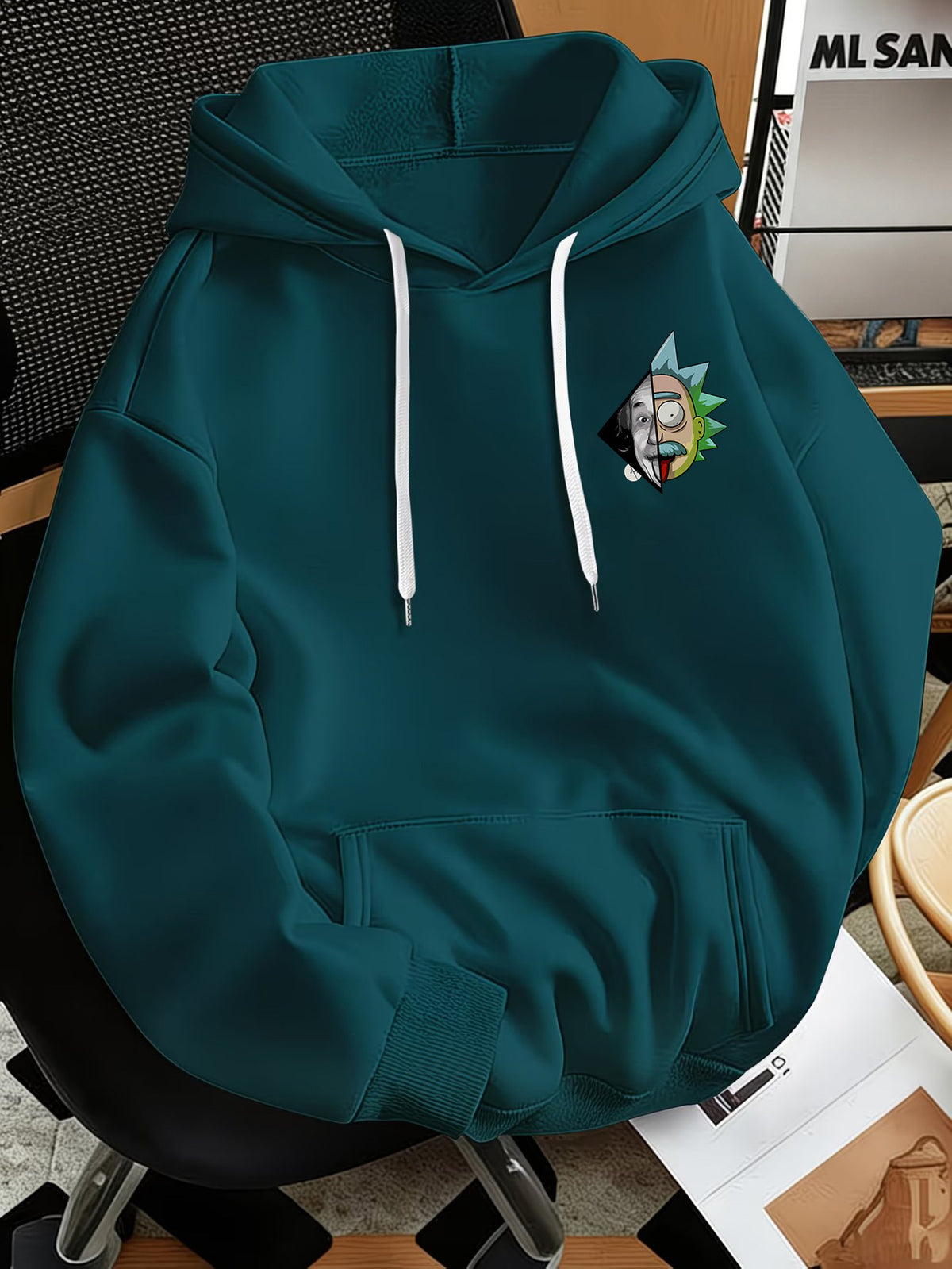 Warner Bros Official Men's Fashion Sweatshirt, Rick's Classic Catchphrase Collage Einstein Polaroid Print Design, Men's Fashion Hoodie Loose Fit with Adjustable Drawstring, -Lined Sweatshirt for Comfortable Fall/Winter Wear, Outdoor Sports Casual - Deep Green