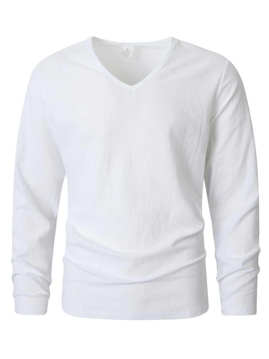 Seaside Vacation Summer Men's V-Neck Long Sleeve Linen Solid Color Casual Long Sleeve T-Shirt - White