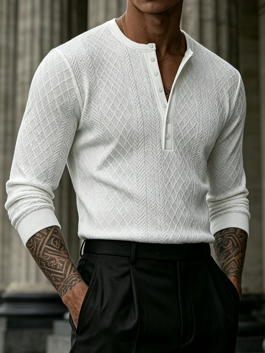 Joshmei OBM Black Friday Men's Dark Gray Geometric Knit Henley Neck Top, Diamond Weave Jacquard Pattern, Refined Casual Style, Autumn/Winter Slim Fit Long Sleeve Pullover, Suitable for Daily Commuting, Streetwear, and Weekend Gatherings - White