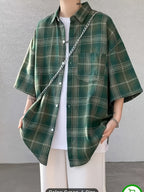 Men's Summer Fashion Short-sleeve Button- Shirt with a Plaid Pattern, Both Stylish and Versatile, Perfect for Daily Wear, Dates, and Beach Vacations - Olive Green
