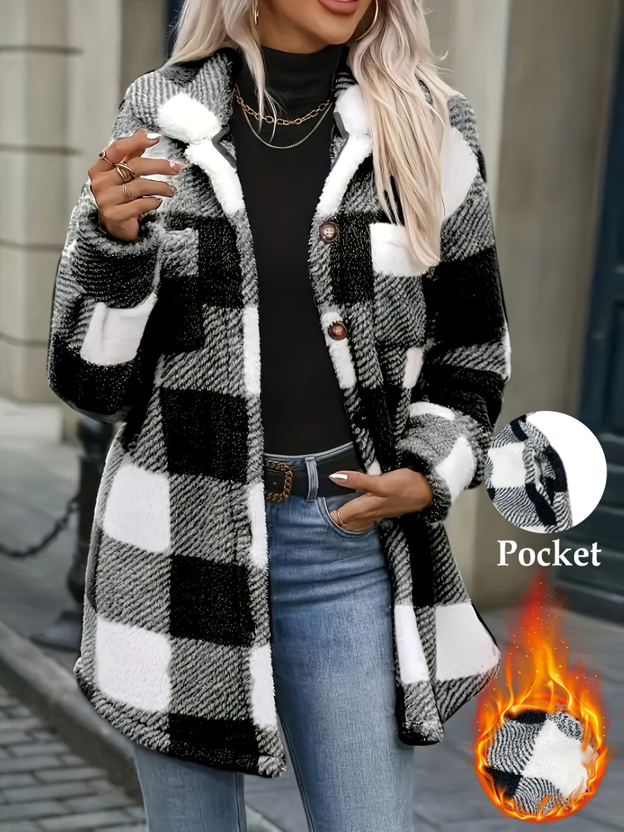 Stylish Women's Mid-Length Coat Featuring a Plaid Print and Teddy Bear Texture an Elegant Faux Style Complete with Pockets and Button-closure Details. - Black