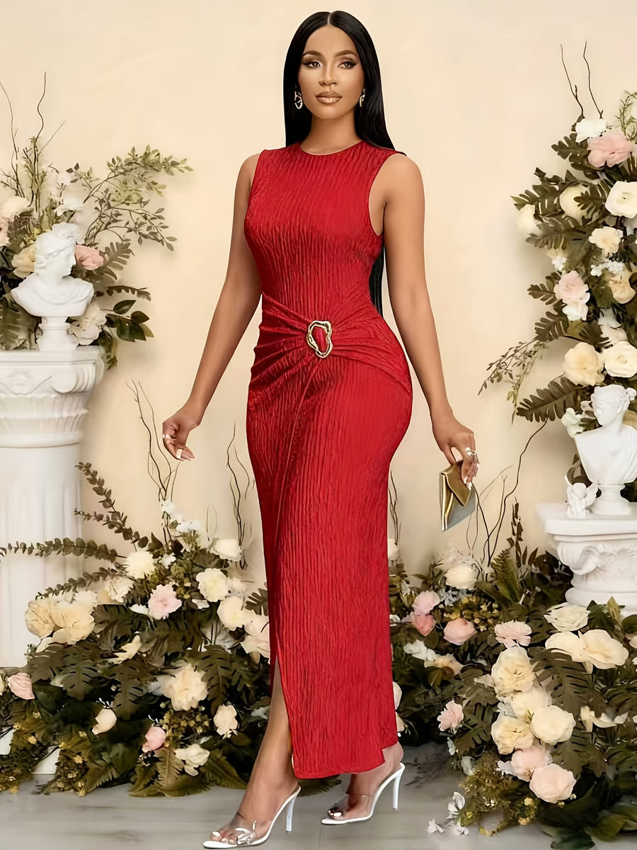 New Elegant Mix-and-Match Slit Sleeveless Dress - Scarlet red