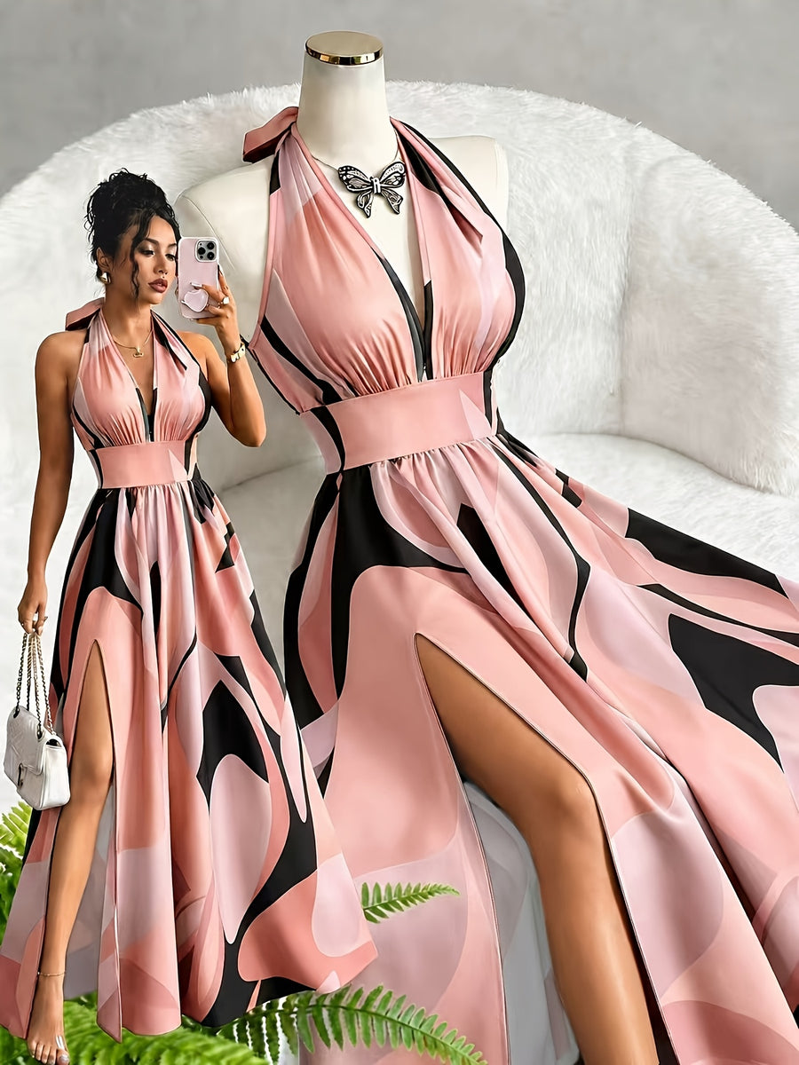 New French-Style Casual Elegant Sexy High-End Design V-Neck Backless Spaghetti Strap Waist-Revealing A-Line Slit Sleeveless Long Dress, Red and Green Floral Print, High-Quality Exquisite Women's Clothing - Pink