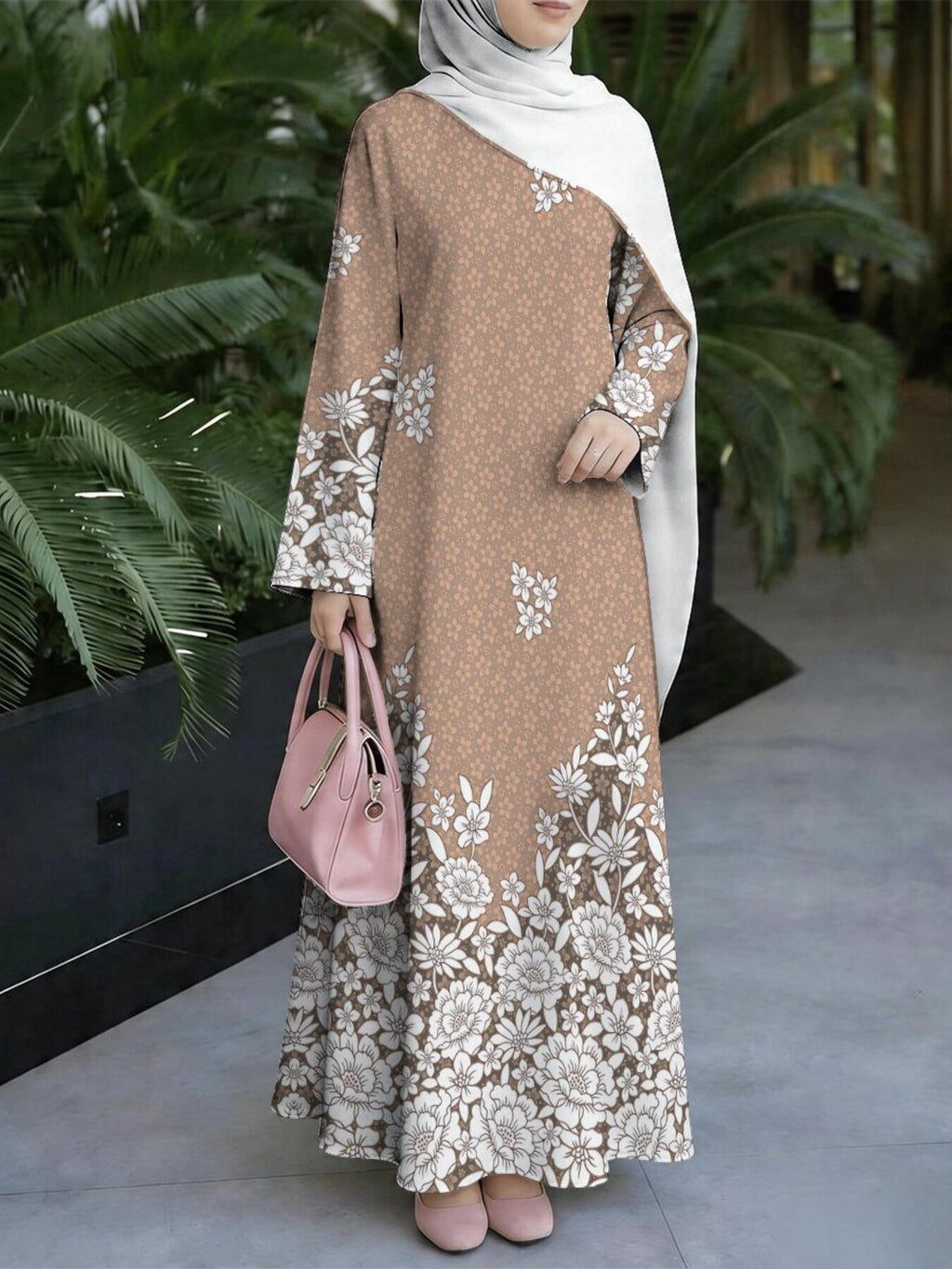 Women's Middle Eastern Style Muslim Elegant Robe, Coffee-Colored Long Robe with Large Floral Print, Loose-Fitting Long Sleeve Conservative Maxi Dress, for Daily Outings and Prayer Wear, Comfortable and Skin-Friendly Non-Embroidered Craftsmanship - Mixed colors