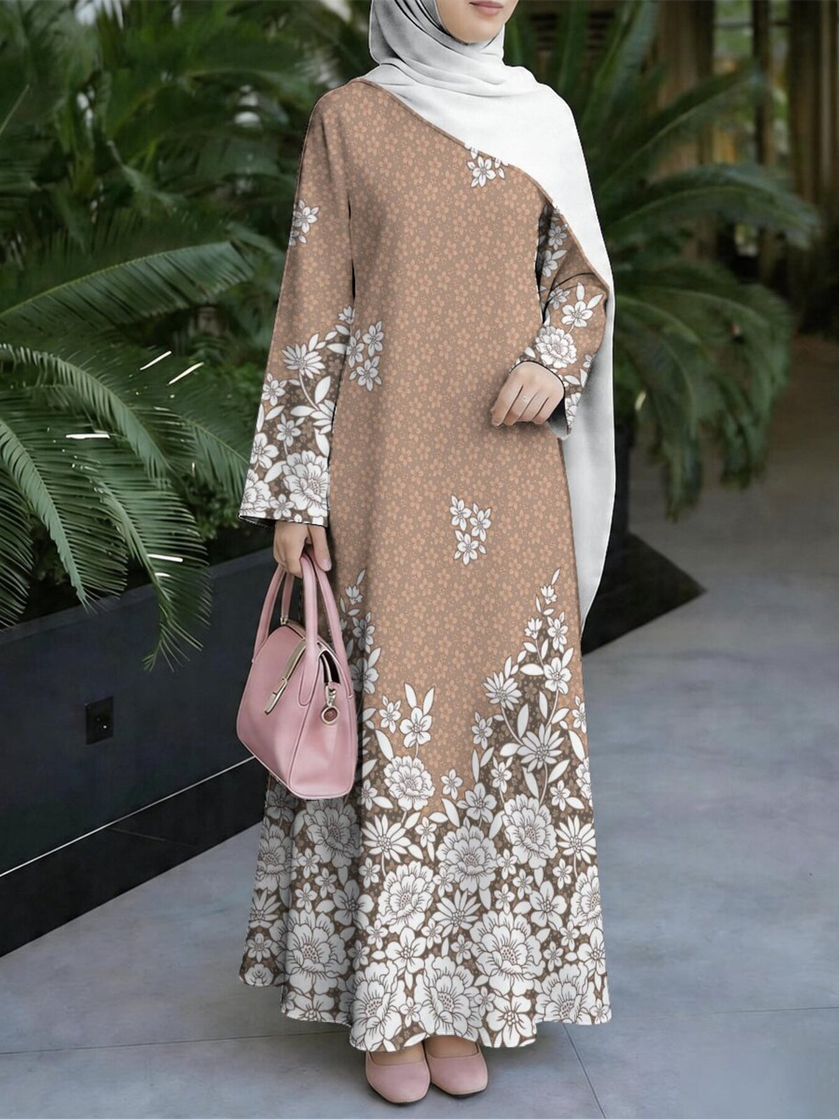 Women's Middle Eastern Style Muslim Elegant Robe, Coffee-Colored Long Robe with Large Floral Print, Loose-Fitting Long Sleeve Conservative Maxi Dress, for Daily Outings and Prayer Wear, Comfortable and Skin-Friendly Non-Embroidered Craftsmanship - Mixed colors