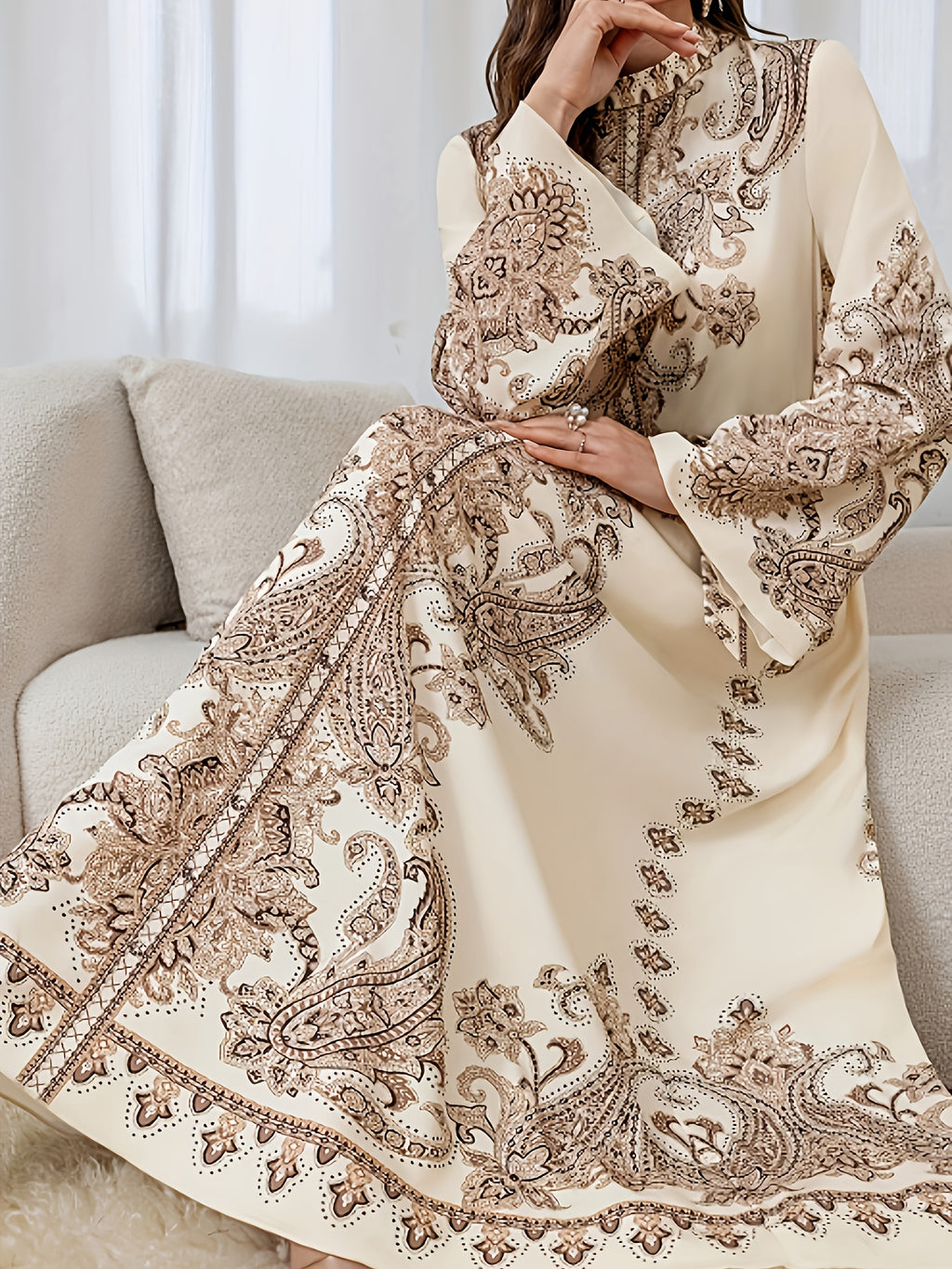 Elegant Floral Print Kaftan Dress with Belt - Long Sleeve, Crew Neck, A-Line Silhouette, Beige with Intricate Golden Patterns, Perfect for Casual or Formal Occasions, Formal Attire | Floral Print Dress | Belted Waist, Floral Print Dress - Apricot