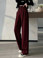 Ice Fiber Fabric Cool Touch Ultra-Thin Summer Women's Long Pants, 2026 Spring/Summer New Style Slim Fit Suit Pants, Trendy Women's Pants, Wide-Leg Loose Fit, Widened Cut, Loose Size, Suitable for Women's Summer Wide-Leg Pants, Draped Straight-Leg - Burgundy