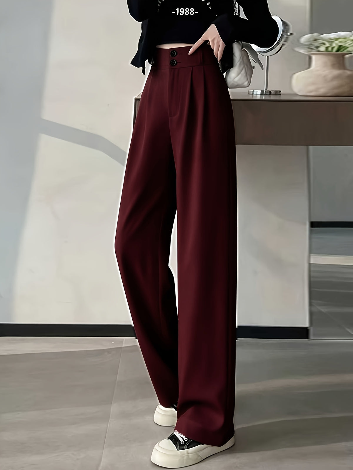 Ice Fiber Fabric Cool Touch Ultra-Thin Summer Women's Long Pants, 2026 Spring/Summer New Style Slim Fit Suit Pants, Trendy Women's Pants, Wide-Leg Loose Fit, Widened Cut, Loose Size, Suitable for Women's Summer Wide-Leg Pants, Draped Straight-Leg - Burgundy