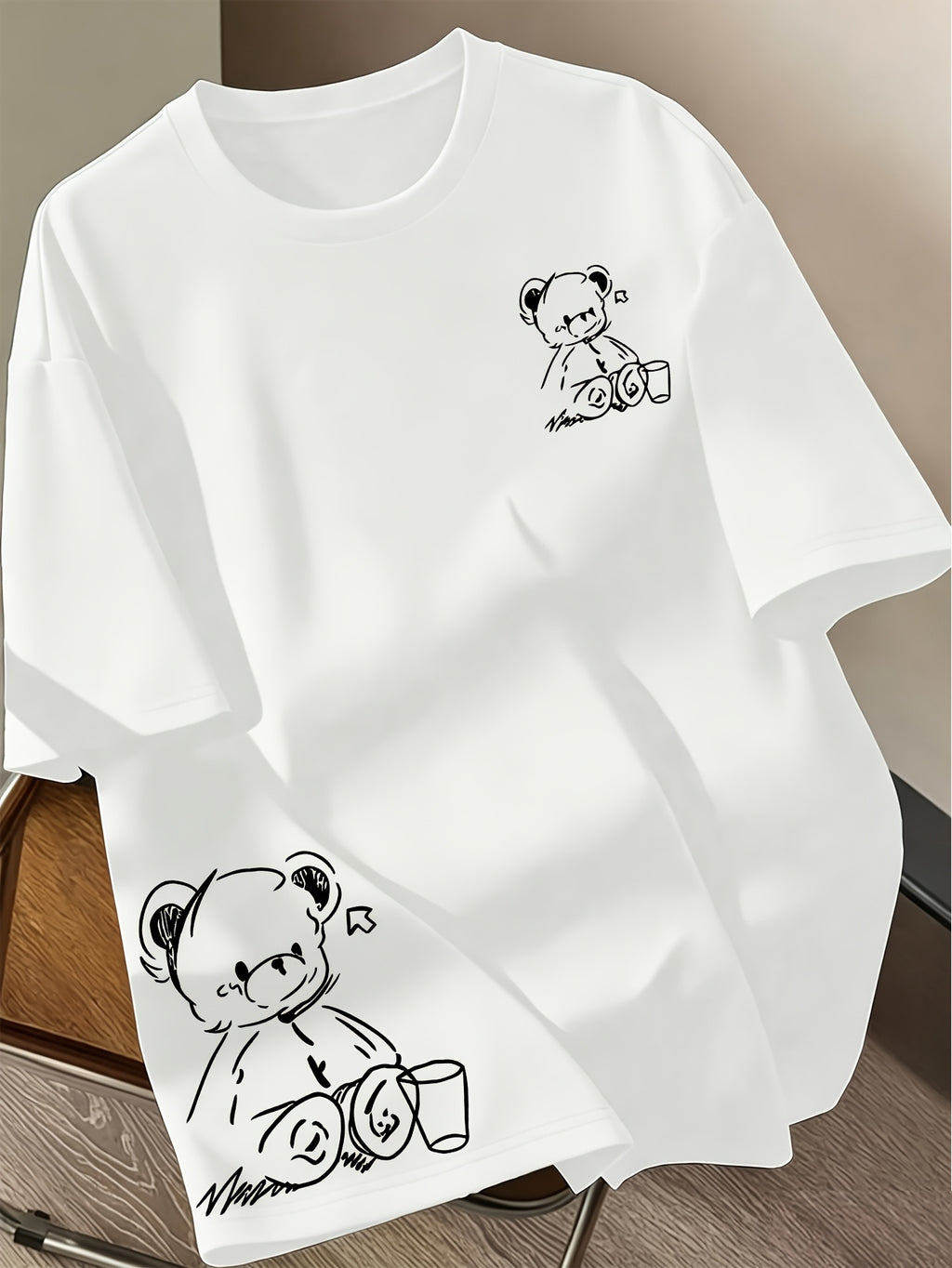 Women's Bear Print T-Shirt - Cute Bear Face Short Sleeve Round Neck Suitable for - Wear, Machine Washable Casual Everyday Top with Medium Elasticity, Non- Fabric for Layering or Standalone Outfits - White