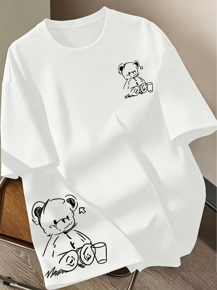 Women's Bear Print T-Shirt - Cute Bear Face Short Sleeve Round Neck Suitable for - Wear, Machine Washable Casual Everyday Top with Medium Elasticity, Non- Fabric for Layering or Standalone Outfits - White