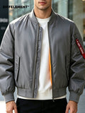 DIFFELEMENT Men's Baseball Collar Flight Jacket, Windproof, Wrinkle-Resistant, Wear-Resistant, Woven Fabric, Smooth Zipper Closure, Ribbed Cuffs and Hem, Sleeves with Pockets, Red Ribbon Accent, Loose Casual Fit, Suitable for Urban Commuting - Grey