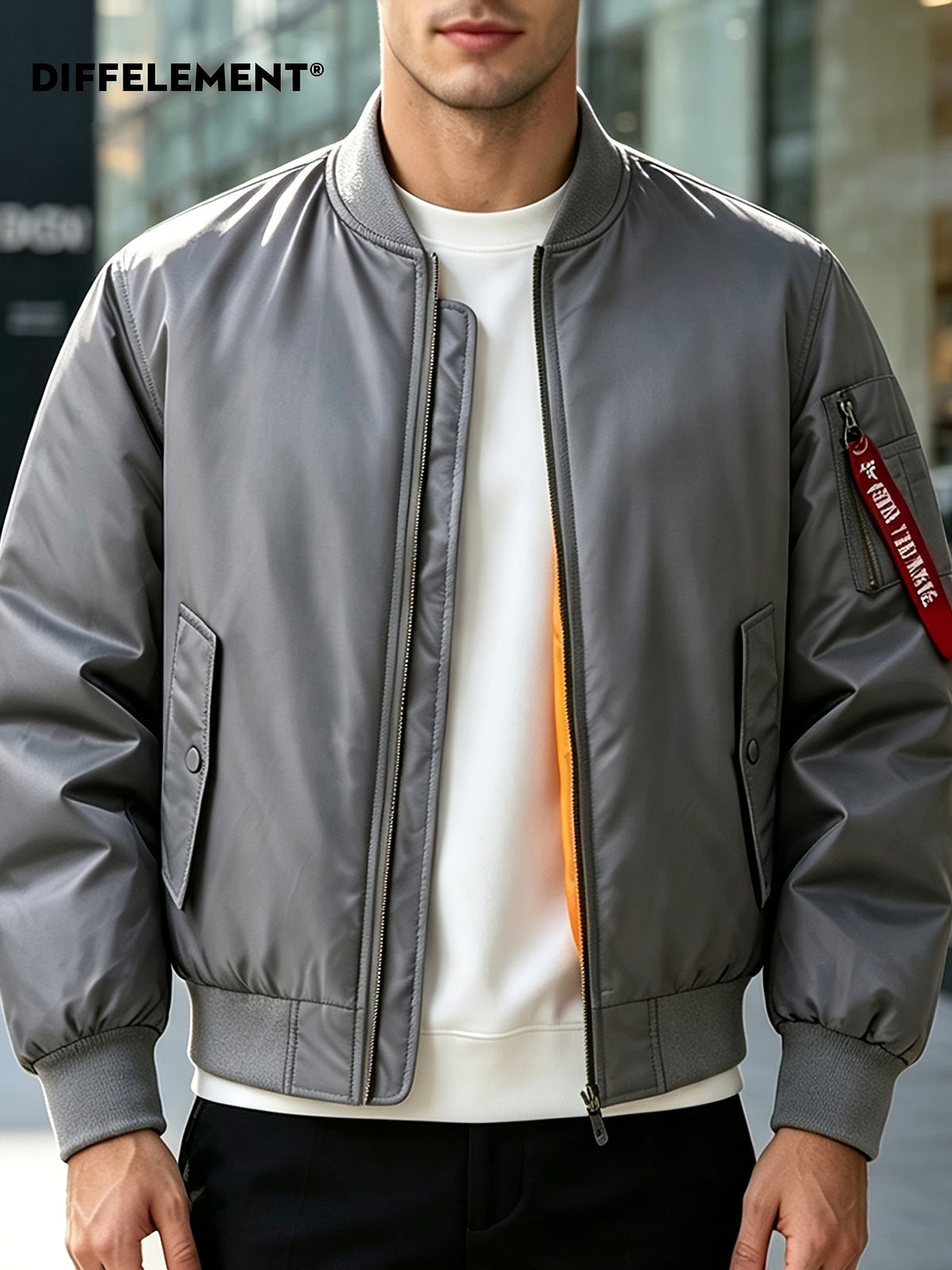 DIFFELEMENT Men's Baseball Collar Flight Jacket, Windproof, Wrinkle-Resistant, Wear-Resistant, Woven Fabric, Smooth Zipper Closure, Ribbed Cuffs and Hem, Sleeves with Pockets, Red Ribbon Accent, Loose Casual Fit, Suitable for Urban Commuting - Grey