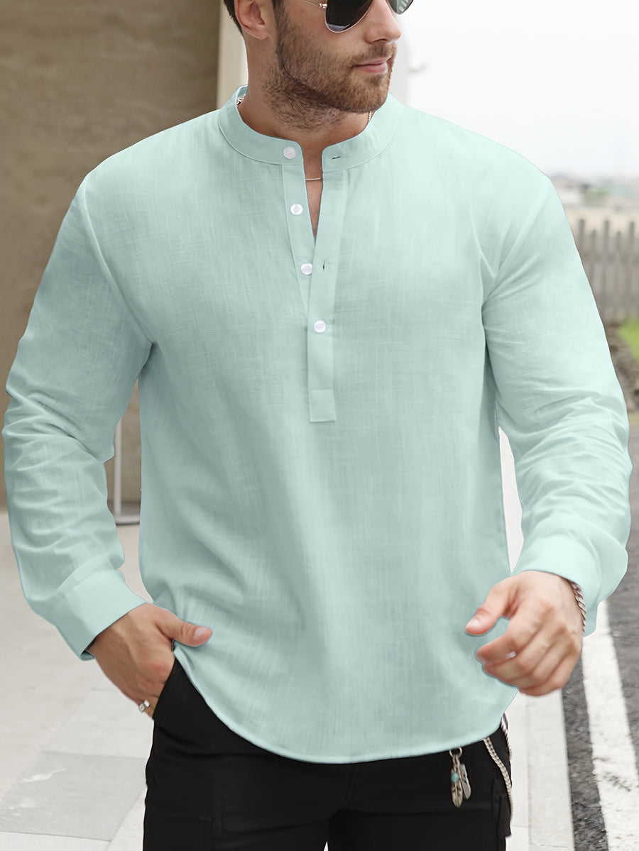 Men's Lightweight Thin Striped Stand Collar Half-Placket Solid Color Long Sleeve Shirt WISH Twill Loose Vintage Shirt - Light Green