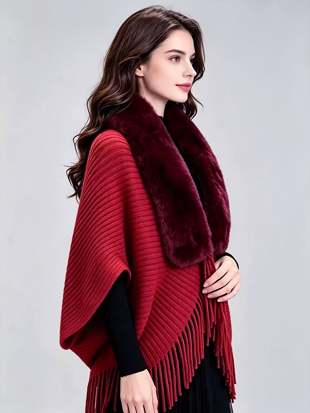 Women'S Cardigan, Autumn Winter Fashion Faux Tassel Cape Scarf Jacket - Lightweight Warm Outerwear for Parties, Office, Casual Wear - Elegant Autumnal Accessory, Trendy Scarf, Office Essential, Holiday Gift - Red