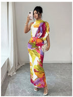 Women's Elegant One-Shoulder High Neck Sleeveless Bodycon Maxi Dress with Ruched Waist & Fit - Machine Washable Suitable for Vacation, Party, Wedding Guest Dress, Evening Date Dress - Multicolor