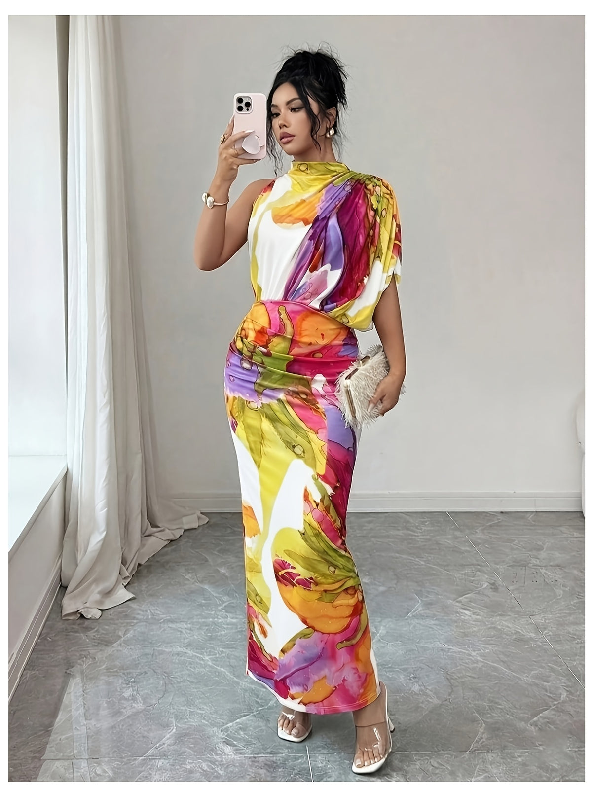 Women's Elegant One-Shoulder High Neck Sleeveless Bodycon Maxi Dress with Ruched Waist & Fit - Machine Washable Suitable for Vacation, Party, Wedding Guest Dress, Evening Date Dress - Multicolor