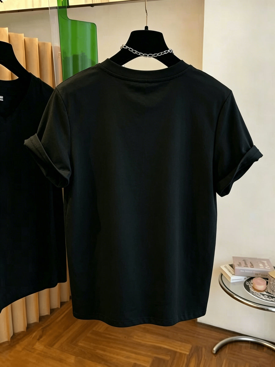 V-Neck Short-Sleeve T-Shirt with GK Letter & Striped Print - Casual Basic Top, Non- Opaque Shirt Suitable for Spring Summer Wardrobe, Machine Washable Casual Attire for Office, Layering & Transitional Outfits - Black