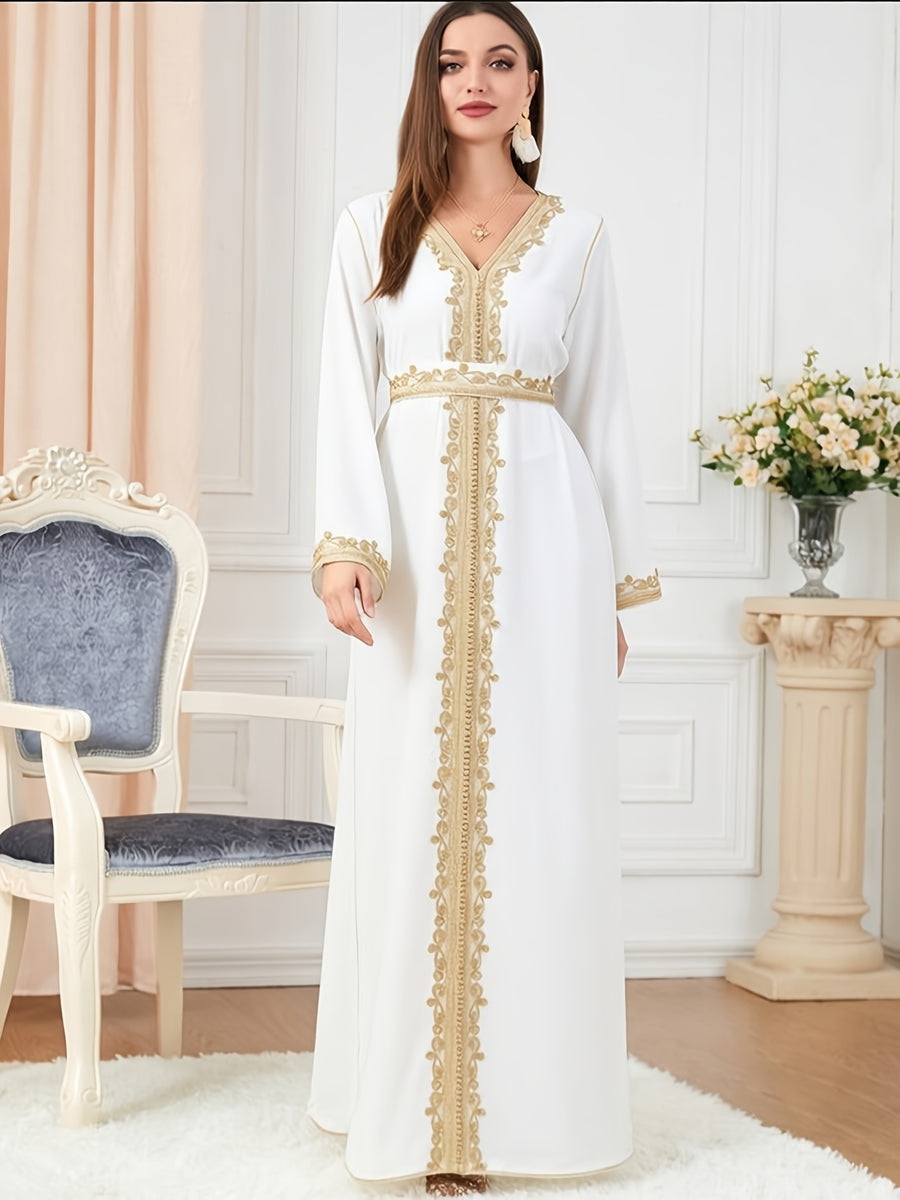 1pc Women's Elegant Kaftan Dress Golden Embroidery V-Neck Long Sleeve Abaya Maxi Dress Luxury Evening Party Gown with Belt White Embroidery Abaya Dress Women's V-Neck Long Sleeve Maxi Kaftan Luxury Contrast Golden Trim Party Gown - White