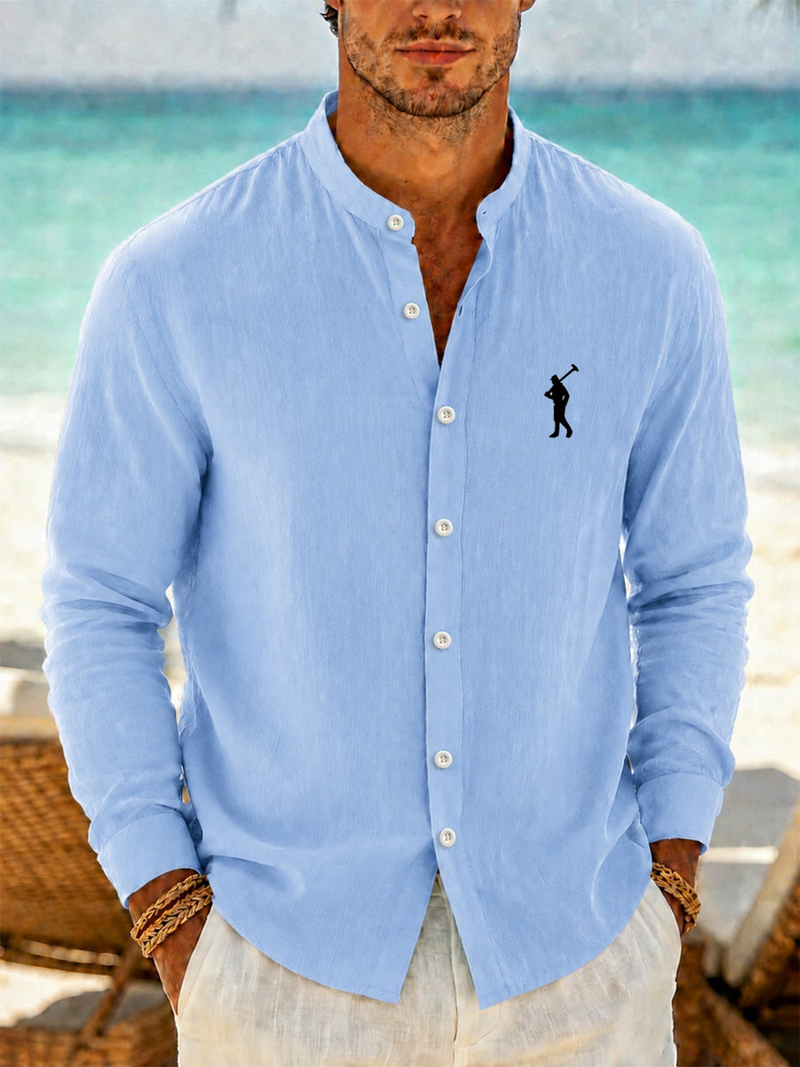 Men'S Faux Linen Long Sleeve Shirt - Lightweight Button-Up Stand Collar Formal to Casual Style, Golfer Embroidered Pattern, Suitable for Beach, Office, Party Business, Daily Trendy Wear, Machine Washable Fashion Shirt - Sky Blue