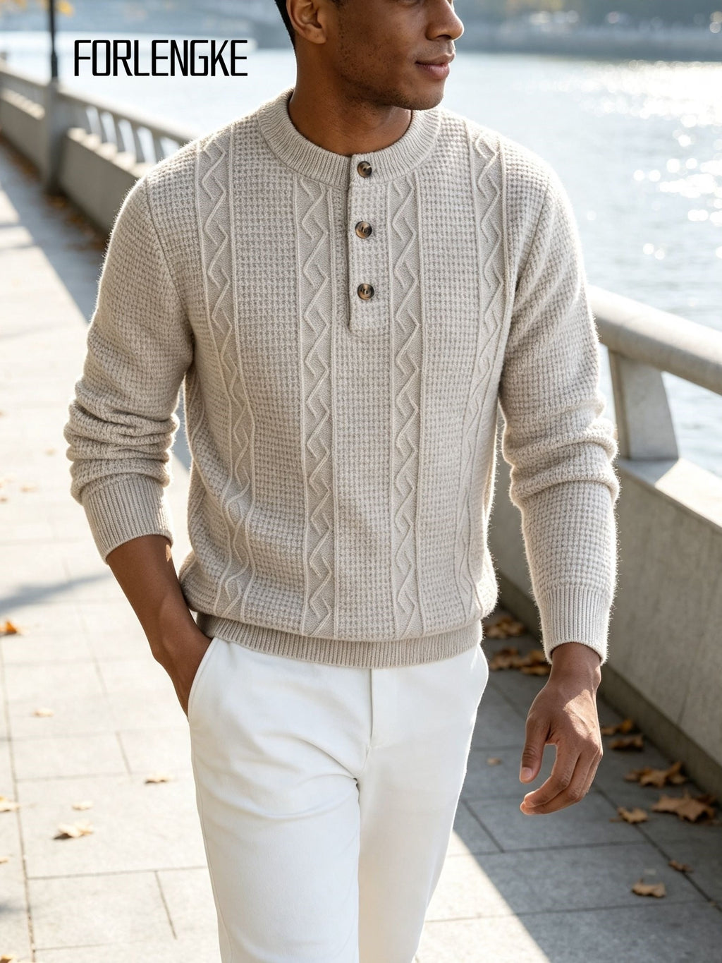 FORLENGKE Men's Intercity Light Travel Relaxed Style Textured Knit Henley Neck Sweater, Half-Open Collar Design Balances Formal and Casual, Durable Dense Knit Construction, Suitable for Autumn/Winter Short-Distance Business Trips, Road Trips - Flower Rice