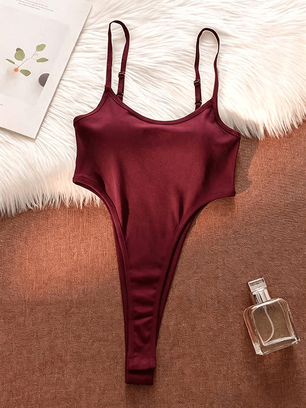 Women'S Fashion Bodycon Top, Adjustable Straps, Thin Strap Jumpsuit, Inner Wear Jumpsuit, Outer Wear, Stretchy Comfortable Breathable Fitted Women'S Clothing, Casual Outing, Date Party All-Match Outfit, Sleeveless Jumpsuit - Burgundy