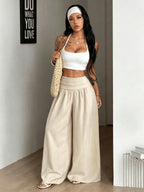 Women's Autumn/Winter Elegant Casual Vacation Solid Color Loose Textured Wide-Leg Pants - Apricot