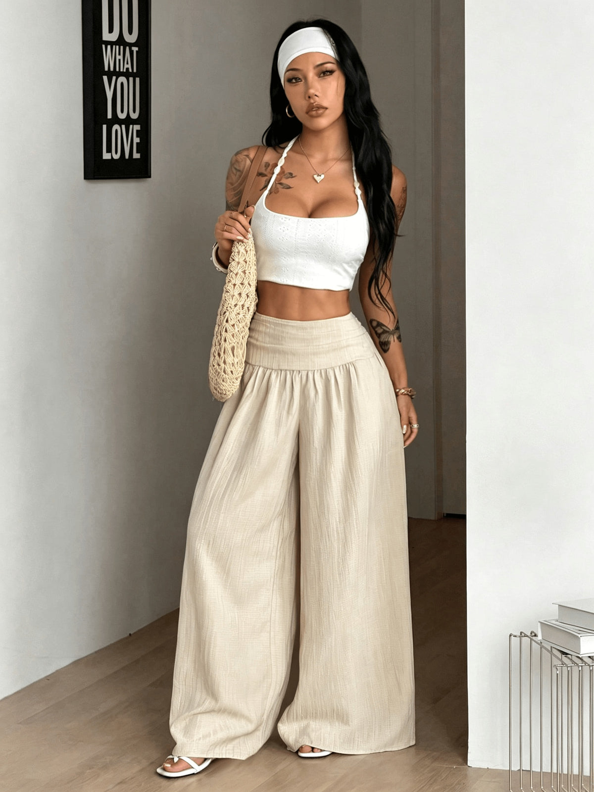 Women's Autumn/Winter Elegant Casual Vacation Solid Color Loose Textured Wide-Leg Pants - Apricot