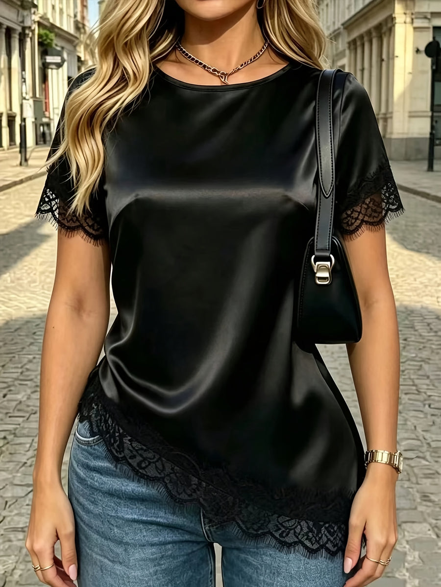 Women'S Elegant French Black Summer Contrast Lace Blouse, Sexy Backless Tie-Up Design, Asymmetrical Hem Top, Suitable for Evening Outings, Vacations, Or Beachwear - Black